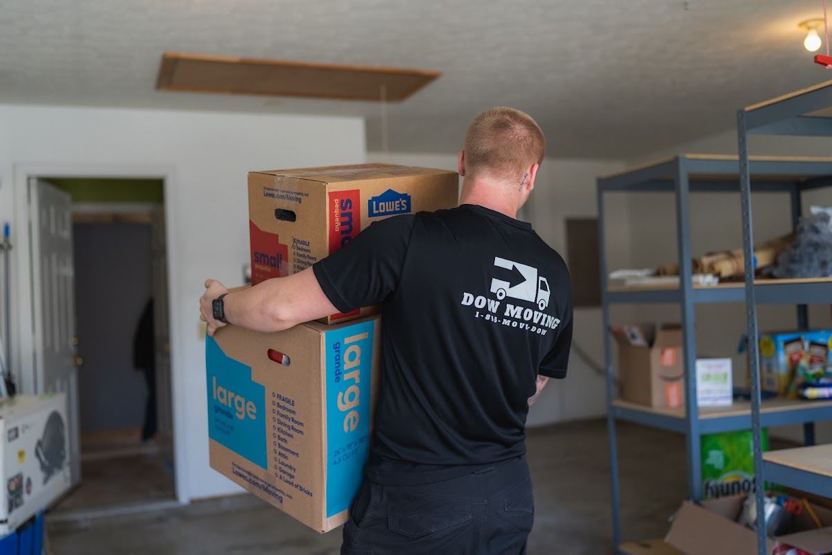 Dow Moving crew carrying household boxes inside a home